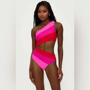 Free People Beach Riot Joyce One-Shoulder Swimsuit - Red, Orange,and Pink XS